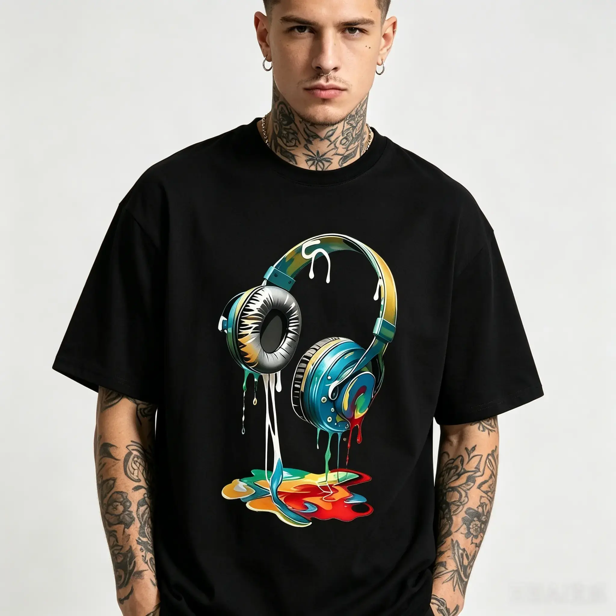 Dripping Color Headphones Graphic T‑Shirt | Music Graffiti Streetwear Tee for Men & Women | Trendy Casual Top
