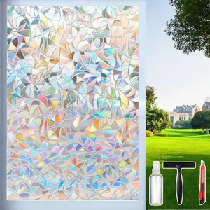 Rainbow Window Privacy Film with Cutting Reference Line 3D Decals Stained Glass Clings Static Cling Sticker Suncatcher Windows Cover Tint for Home 17.5 Inch x 78.74 Inch