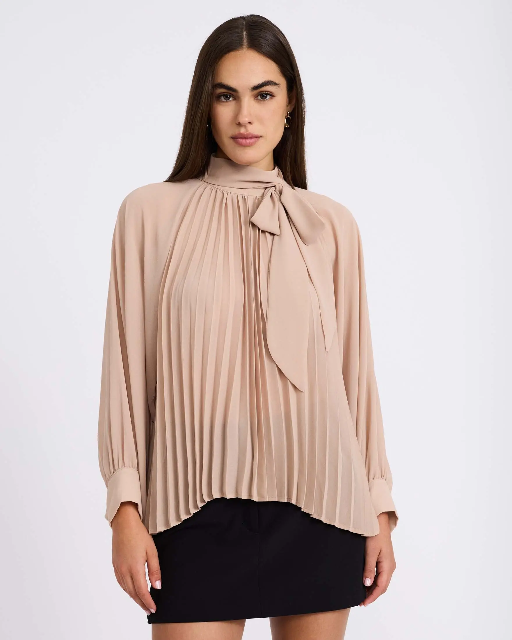 Express Tie Neck Balloon Sleeve Pleated Top