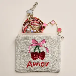 Sweet Cherry Beaded Zipper Pouch, Casual 'Amor' Sequin Coin Purse for Women, Compact Makeup Bag, Thoughtful Gift