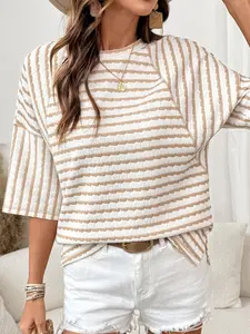 Textured Knit Split Hem Half Sleeve Loose Top in Apricot & White Stripes Pair with Daily Bottoms for Fashion Outfit
