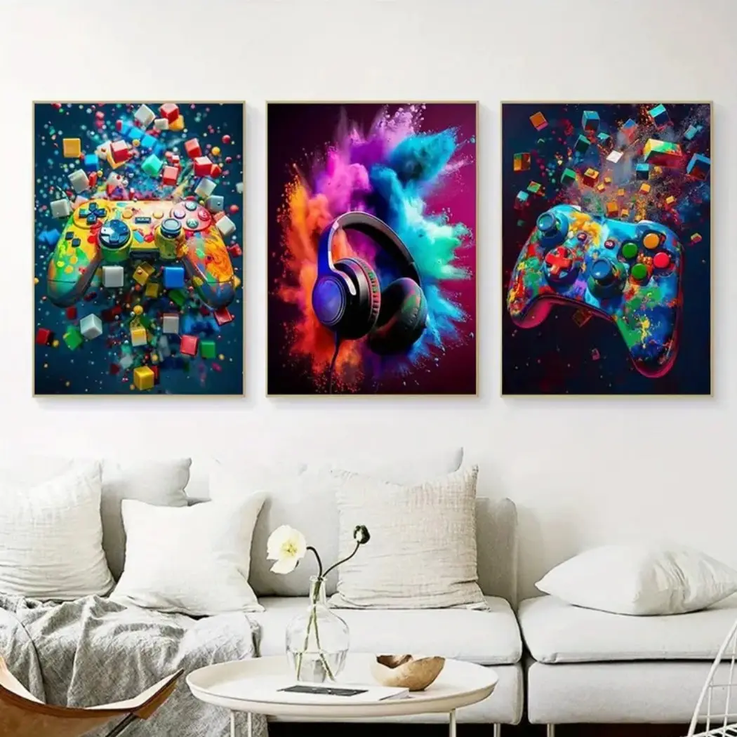 3-piece Color Game Art Set with Optional Wooden Frame Decoration - Vibrant Playstation Controller, Colorful Explosive Headphones, and Xbox Controller with Modern Dynamic Game Decoration, Perfect for Gaming Rooms or Teenage Bedrooms 3-piece Color Game Art Set with Optional Wooden Frame Decoration - Vibrant Playstation Controller, Colorful Explosive Headphones, and Xbox Controller with Modern Dynamic Game Decoration, Perfect for Gaming Rooms or Teenage Bedrooms