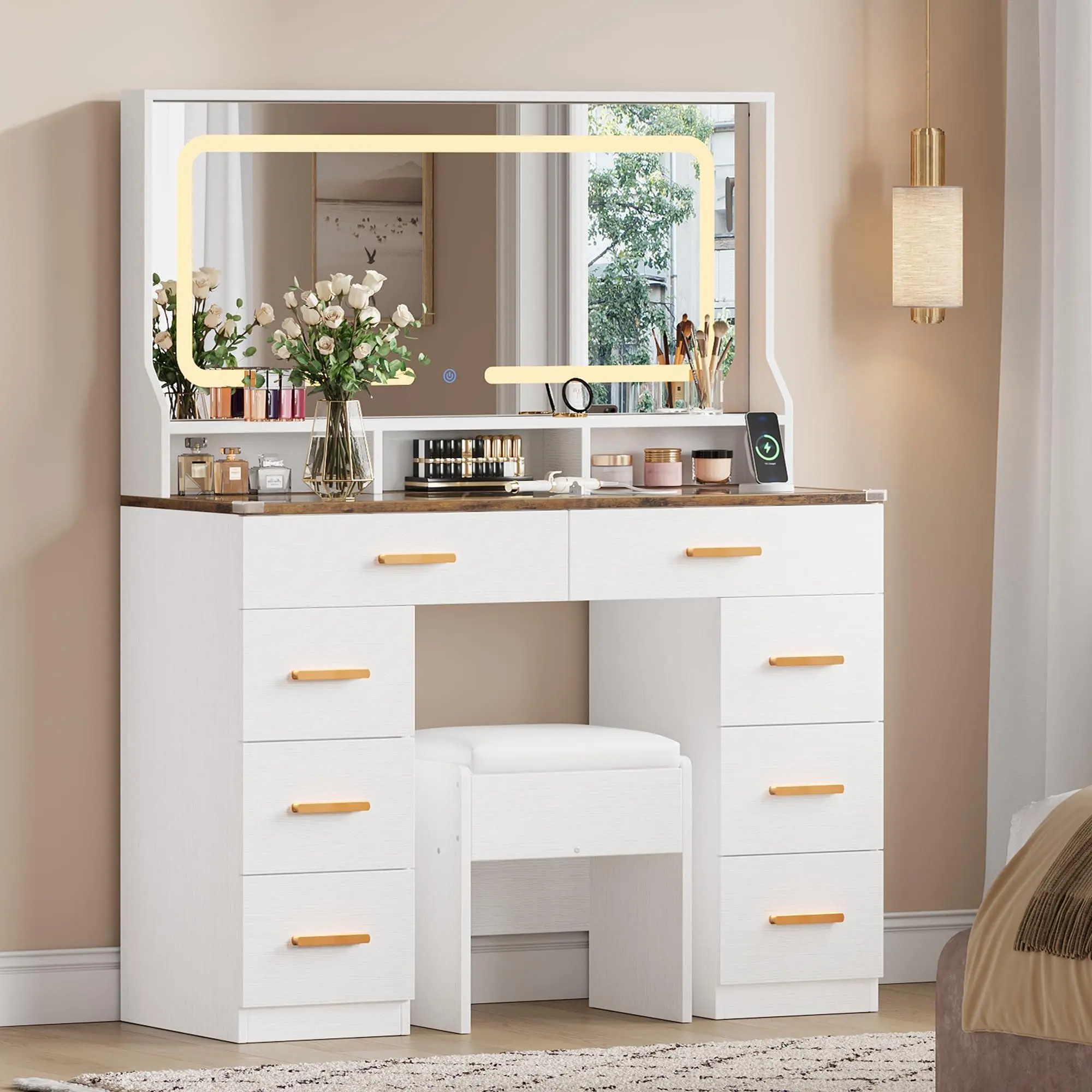 White & Rustic Makeup Vanity Desk with Large Lighted Mirror – Glass Tabletop, 8 Drawers & 3 Shelves, Built-in Power Outlet for Bedroom & Dressing Area
