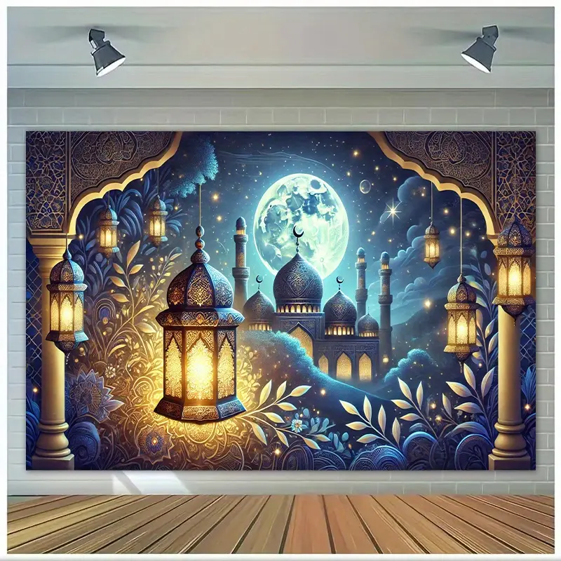 1PC Printed 2D Flat Ramadan Islamic Wall Hanging Backdrop Banner, Polyester Mosque Lantern Moonlit Scene Cloth, Reusable 1-Piece Home Tapestry for Islamic Events, Birthday Celebrations