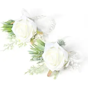 Pack of 2 Ivory Rose Wrist Corsage and Boutonniere Set for Men & Women - Artificial Flowers with Pearl Bracelet & Boutonniere Pin for Weddings and