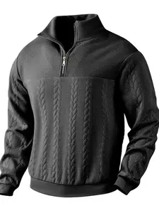 Men's Casual Stand Collar Zipper Pullover Sweater Coat, Loose Knit Jacquard Jacket for Fall & Winter, Heavyweight Thick Long Sleeve Sweatshirt