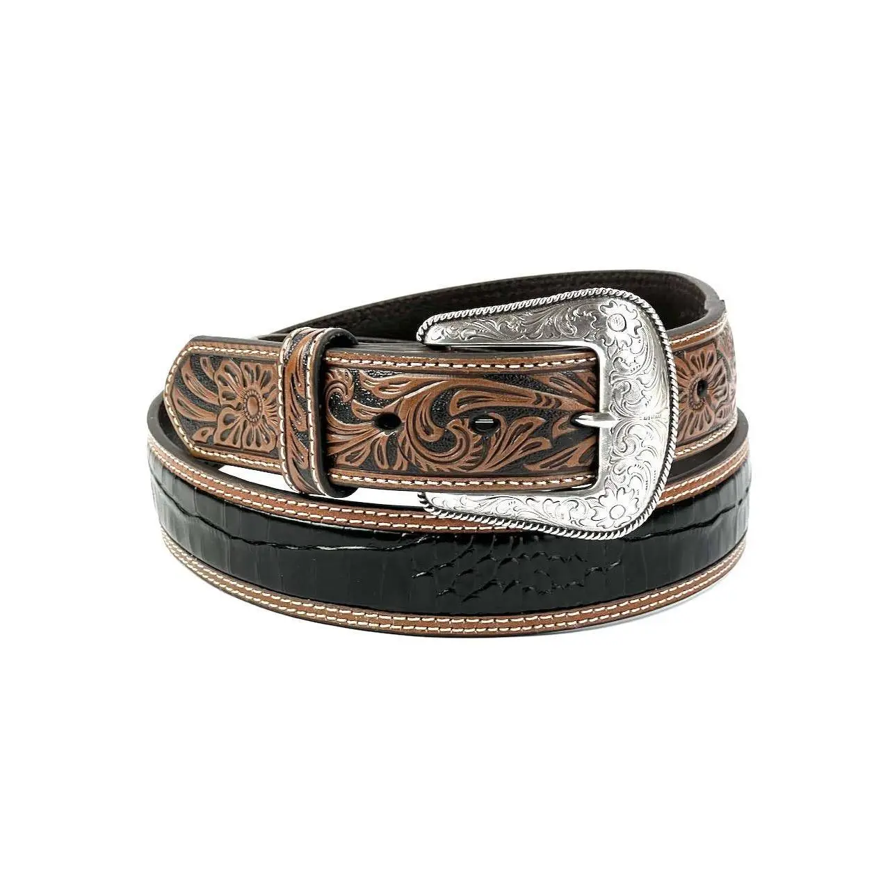 Western Tooled Leather Belt with Black Gator Inlay and Floral Engraved Buckle for Cowboys and Cowgirls, 1.5 in, Cowboy Cowgirl Belt, Tooled Belt