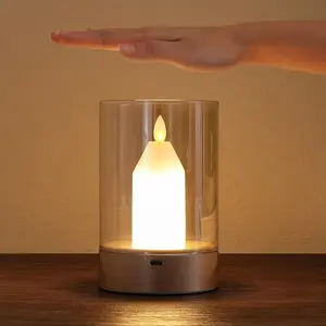 Small Candle Table Lamp Cordless Gesture Sensor Control Night Light Lamp Glass Flameless Candle Dimmable Table Candle Lantern Rechargeable Warm Light Lamp for Bedroom/Restaurant/Cafe