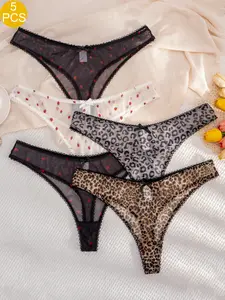 Women's Underwear Leopard Print Strawberry Heart Bow Comfortable Everyday Elegant Fit Plus Size Thong Panties, Pack of 5, Pure Color Butterfly Knot Design