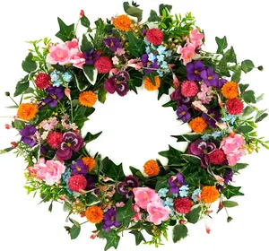 Spring Summer Wreaths for Front Door Pansy Wreath with Pink Cherry Blossoms,Small Ball Bhrysanthemum for Indoor Outdoor Farmhouse Home Porch Wall Window Festival Wedding Decor