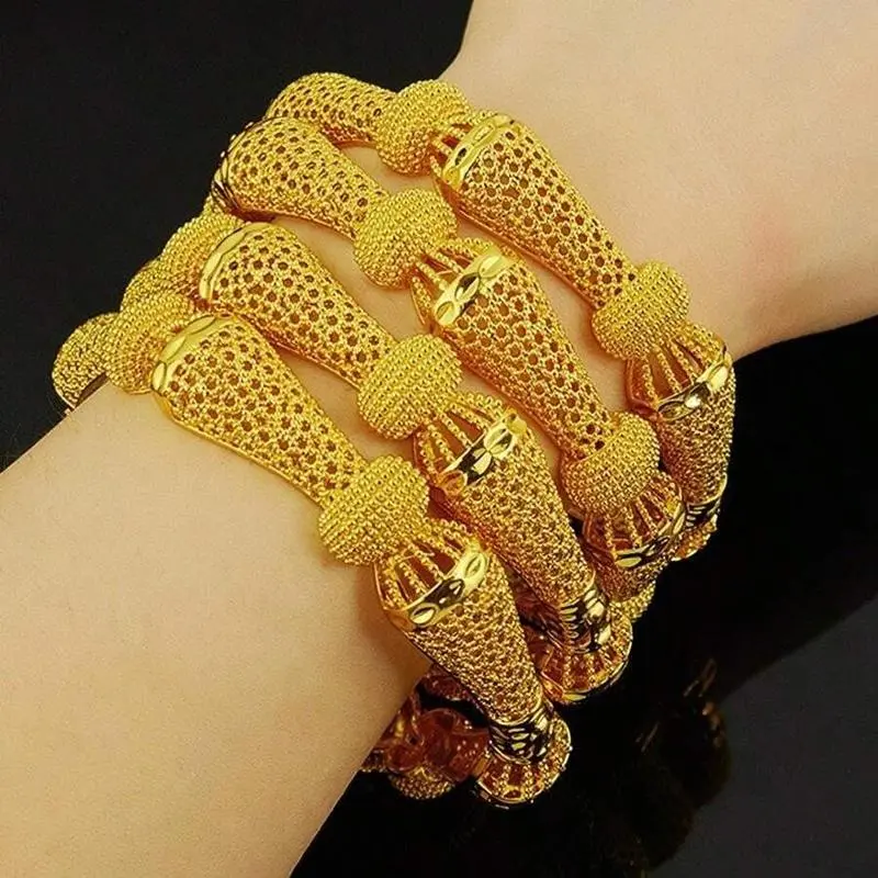 Women's 4-Piece Gold Plated Zinc Alloy Bangle Bracelet Set - Elegant Dubai & African Themed Costume Gold Jewelry Sets for Wedding, Birthday