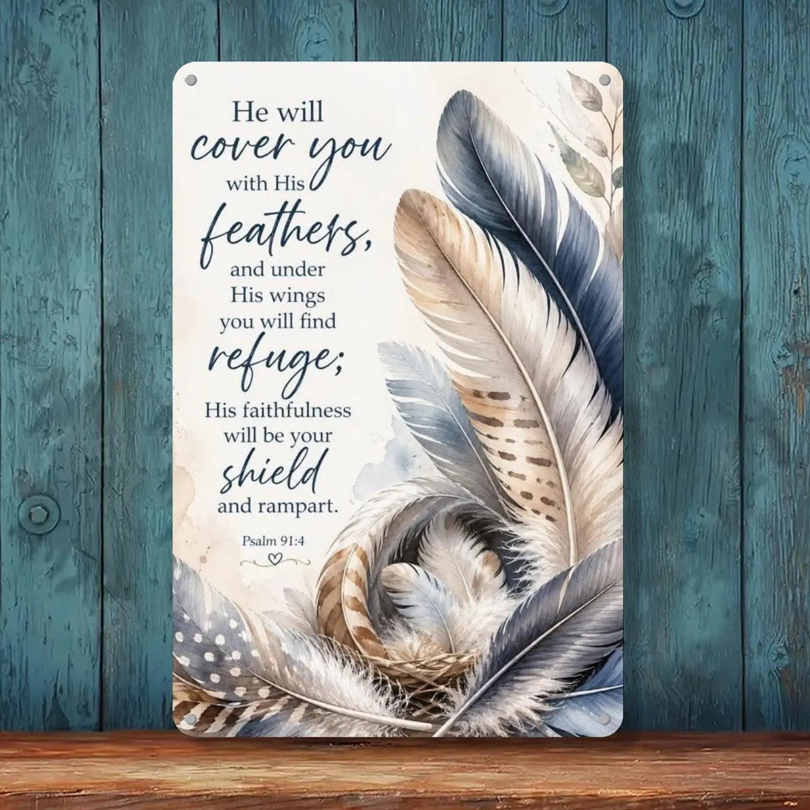 Psalm 91:4 Watercolor Feather Bible Verse Vintage Tin Sign 8x12in Christian Faith Wall Decor Metal Tin Sign