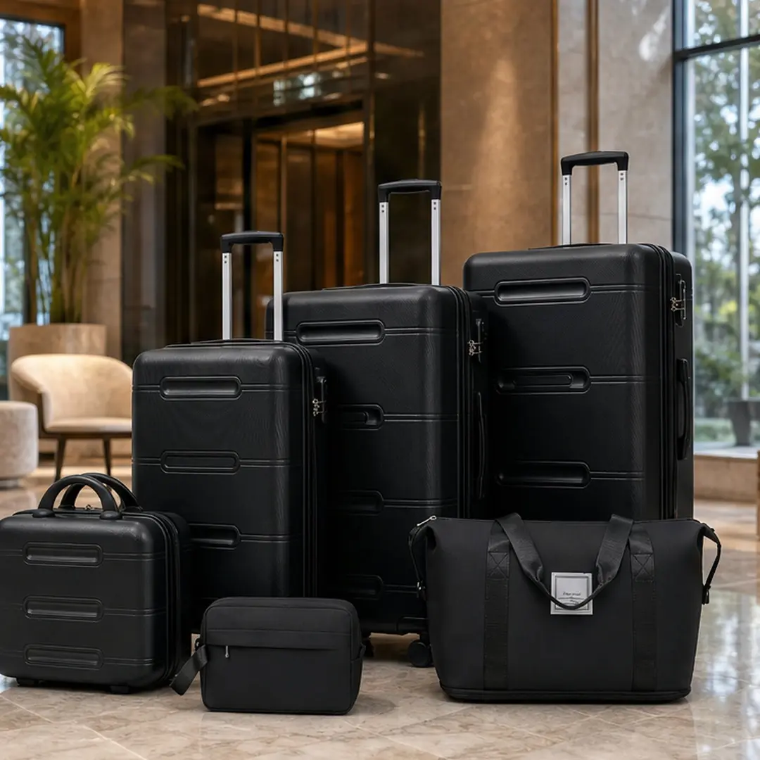 Men's 6-Piece Multi-Size Lightweight Durable Synthetic ABS Hardshell Travel Luggage Set - Spinner Wheels, 360-Rotation, Password Lock, Telescopic Luggage Handles, 14-in Cosmetic Case, 20/24-inch/28-in Suitcases, Duffel Bag, Toiletry Bag, Black (23.60 Lb),