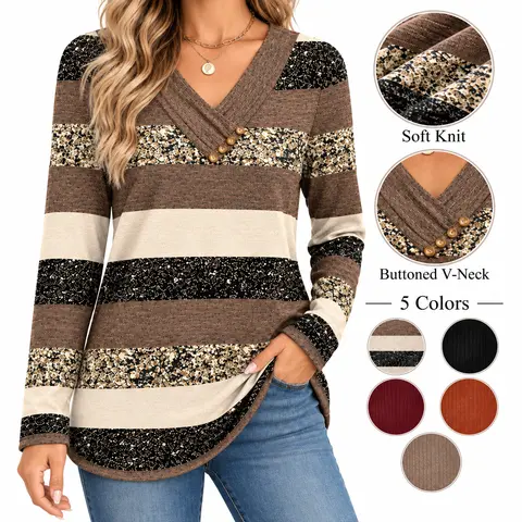 Wiholl Fashion Long Sleeve Shirts for Women Fall Outfits V Neck T Shirts Button Down Tunic Tops Fashion Clothing