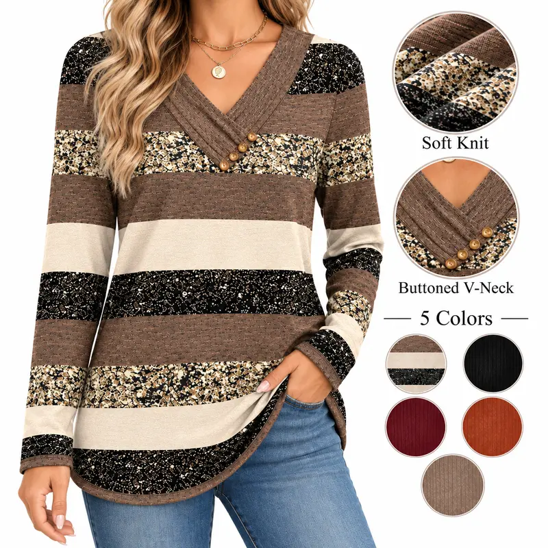 Wiholl Fashion Long Sleeve Shirts for Women Fall Outfits V Neck T Shirts Button Down Tunic Tops Fashion Clothing