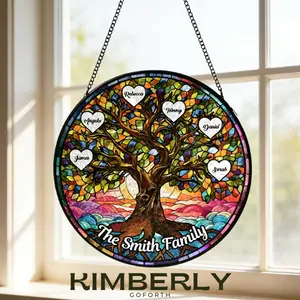 Personalized Family Tree Stained Glass Suncatcher, Family Keepsake Ornament