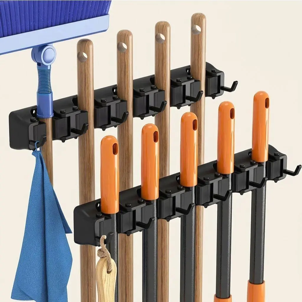 5 Slots 6 Hooks, Marine Mop and Broom HolderWall Mounted Cleaning Tool Organiser, Non-Slip Coat Rack for Boat Maintenance, Galley Organisation, Heavy Duty Cleaning Supplies Organiser, Easy to Fit Marine Organiser
