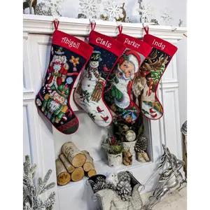 Needlepoint Christmas Stockings Personalized | Santa | Snowman | Nutcracker | Reindeer | Old World Finished Embroidered Stockings with Names Velvet Decoration Ornaments