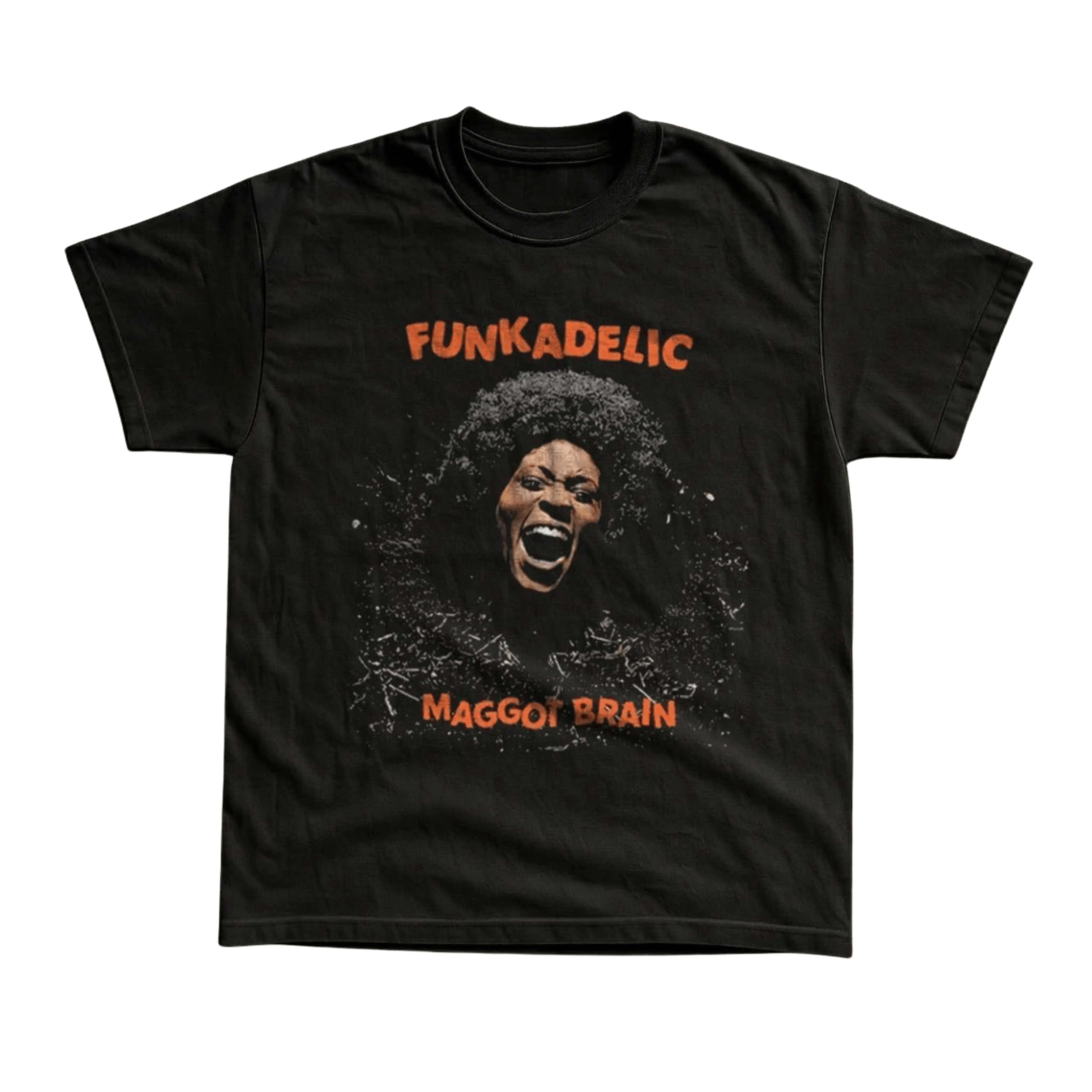 Gildan Men's and Women's T-shirt, Vintage Style Funkadelic Maggot Brain Graphic Tee, Screaming Afro Face, Orange Distressed Font, Psychedelic Funk Rock Merch, 70s Soul Album Art, Retro Concert Tour Shirt, Groovy Grunge Aesthetic, Unisex Top.