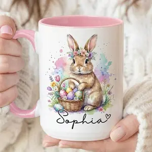 [Sale Up To 50%] Custom Easter Rabbit Accent Mug, Bunny Egg Floral Coffee Cup, Hoppy Easter Day Gift, Personalized Mother's Day Gift Mug, 11oz ceramic accent mug
