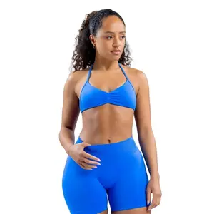 <WITH LOGO> DFYNE Pleated halter neck bra and shorts/leggings set - seamless shaping design, hip-lifting design, women's sports and fitness set, suitable for various occasions such as yoga, fitness, cycling, hiking, running, sports, and outdoor leisure