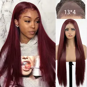 Women's 13x4 hand-hook 26-inch burgundy wig is suitable for women's straight heat-resistant natural hair, which is very suitable for daily wear, Christmas parties and role-playing. Women's non-stick heat-resistant breathable mesh cap
