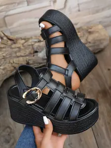 Summer New Woven Strap Wedge Sandals, Open Toe Thick Sole Casual Beach Shoes, Height Increasing Roman Shoes, Multiple Colors Available, Women Footwear