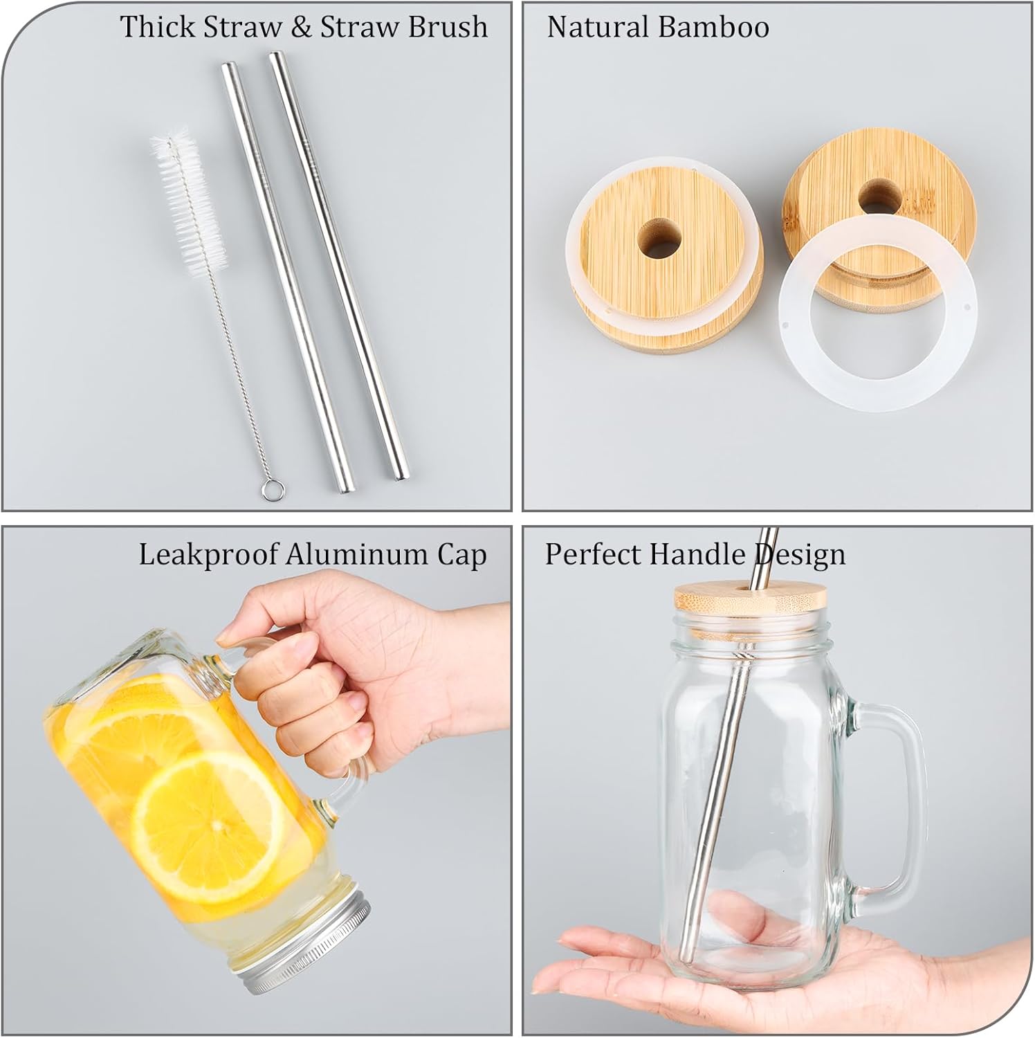 24 oz Mason Jar Cups with Handles, Wide Mouth Iced Coffee Cup with Bamboo Lids & Straws, Large Glass Bottle Mug Drinking Jars Tumbler for Smoothie Cold Water Juice Party Beverages, Set of 4