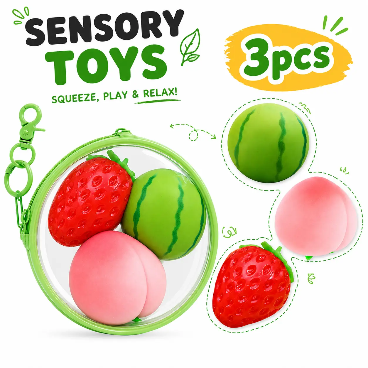Buy 1 Get 3 Portable Anxiety Relief Toy Set-Fruit Squishy Fidget Toys Set with Storage Bag, Cute Watermelon Peach Strawberry Slow Rising Squeeze Keychain Sensory Stress Relief Toy, Fun Birthday for Kids Adults