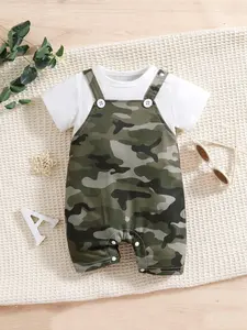 Spring Summer Baby Two-Piece Set, Cute Print Camouflage, Outdoor Casual Jumpsuit for Newborns, Cartoon Short Sleeve Romper