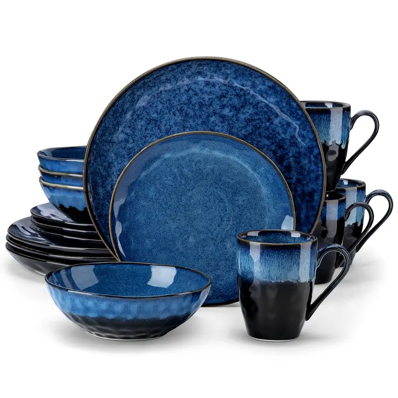 vancasso STARRY 12/16-Piece Stoneware Dinnerware Set, Plates & Bowls Set for 4, Reactive Glaze Ceramic Dishes, Microwave & Dishwasher Safe