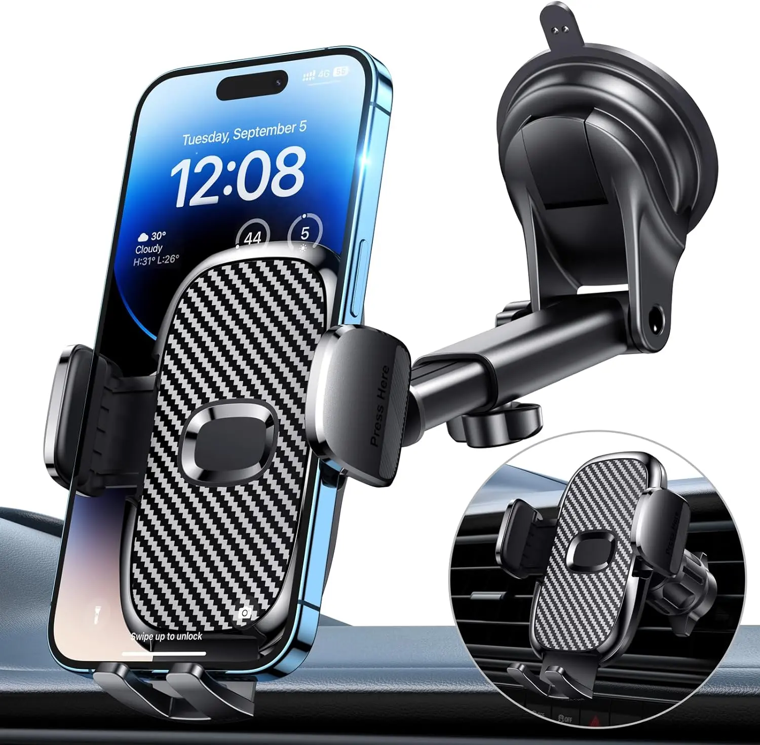 Military-Grade Car Phone Holder 360° Suction Cup Universal Accessories for iPhone, Android Smartphone, Automotive Cradle Fit