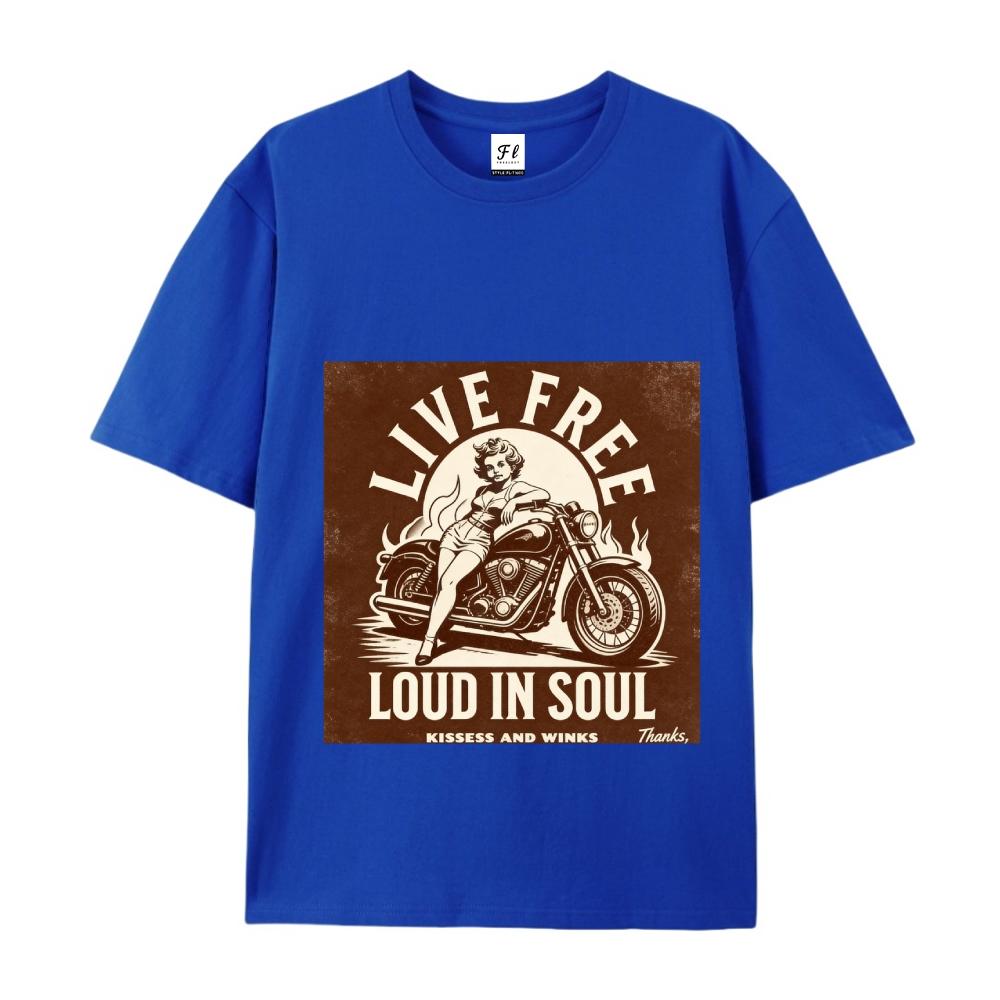 Live Free Loud In Soul Retro Biker Graphic Tee Vintage Motorcycle Pin Up Print Casual Streetwear For Men