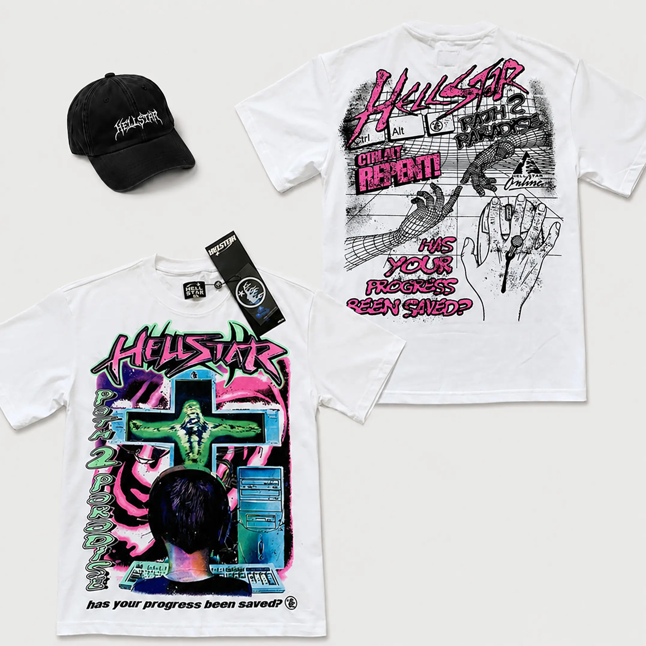 Hellstar Graphic T Shirt Heavyweight Cotton Oversized Crew Neck Short Sleeve Tee White Front Back Print Y2K Streetwear Cyber Graphic Casual Summer Party Festival Men Women Unisex Teens Adults