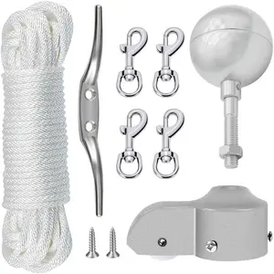 Flagpole Hardware Repair  Kit,50  Halyard Rope+3"  Ball+6" Zinc Alloy Cleat+4 Metal Swivel Snap Clips+ Alloy Flagpole  with Nylon Pulley for 1.6"-2" Flag Poles