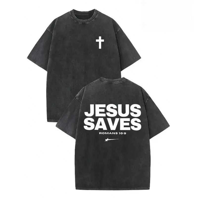 Men's Classic Seamless Short-Sleeve Breathable 230 Pure Cotton T-Shirt, Retro Washed Double-Sided Jesus Saves Letter Print, Christian Gift, Street Style Casual Top