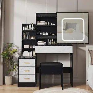 White Vanity Desk with Mirror and LED Lights, Makeup Vanity Desk with Sliding Lighted Mirror, Power Outlet, Dressing Table with 4 Drawers, Storage Shelves & Stool for Bedroom