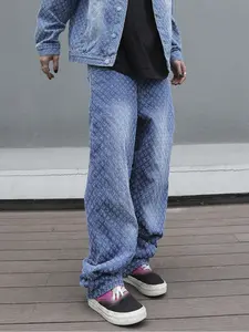 Men's Blue Textured Wide-Leg Denim Jeans, Unique Textured Design, Super Stylish with Loose Fit, Easily Create Trendy Street Looks!