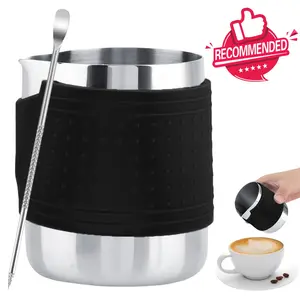 Milk Frothing Pitcher with Art Pen, 12oz/350ml Stainless Steel Milk Steamer Jug With Rounded Spout, Espresso Milk Pitcher With Heat Resistant Silicone Grip Pads, Expresso Machine, Latte Art