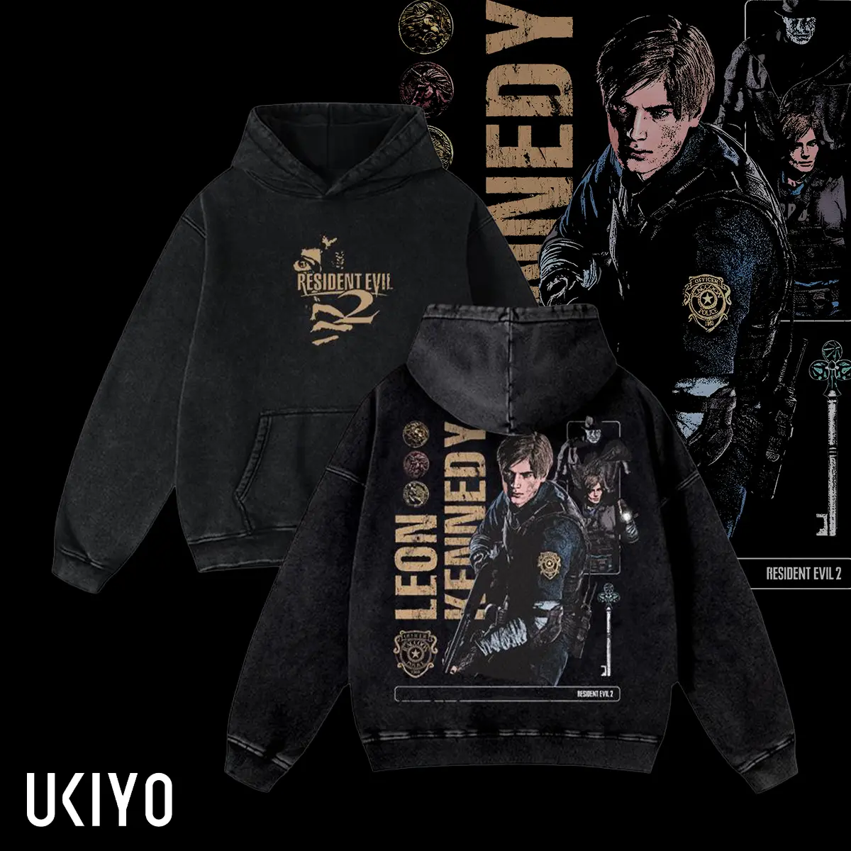 Resident Evil 2 Remake Hoodie & T-Shirt Leon Kennedy RPD Graphic, Vintage Acid Wash Apparel, Survival Horror Game Merch, Raccoon City Pullover, Unisex Cotton Top