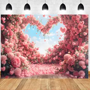 Pink Rose Heart Tapestry - Aesthetic Floral Garden Wall Hanging for Valentine's Day Decor - Romantic Flower Arch Photo Backdrop, Soft Polyester