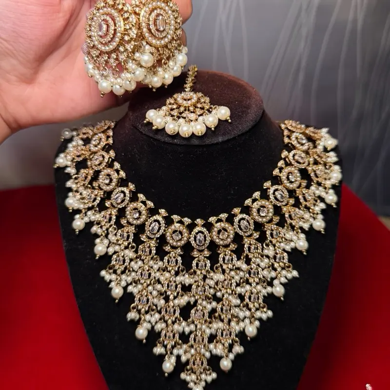 Pakistani Style AD Pearl Set with Tikka - Elegant Gold Tone Necklace Earrings and Tikka Set for Special Occasions