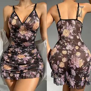 Sexy Floral Print Ruffle Hem Slip Dress - Backless, Semi-Sheer Sleepwear for Women Perfect for Lounging & Sleepwear