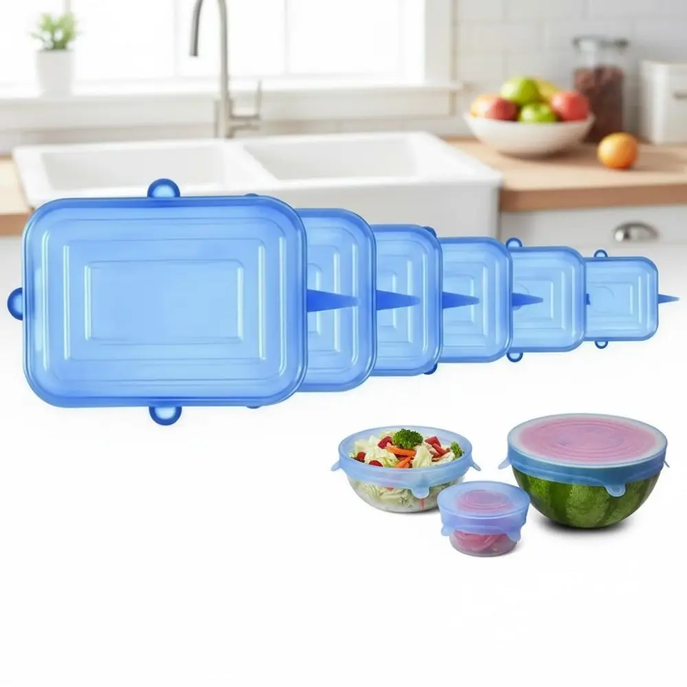 Silicone Food Covers 6-Piece Set, Elastic Lids Fit Round & Square Containers, Microwave & Fridge Safe. Transparent, Leakproof, Reusable, Dishwasher Safe, High-Temp Resistant Kitchen Storage Lids.