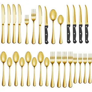 24 Piece Gold  Silverware Set Stainless Steel Service For 4，Modern Polished Cutlery Dining Tableware Eating Utensils Set for Kitchen, Including  Steak Knives, Forks, Spoons, Flatware Set Dishwasher safe