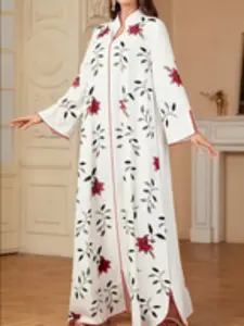 Elegant Women's Printed V-Neck Long Sleeve A-Line Dress, All Seasons Muslim Clothing, Kaftan, Special Occasions, Ramadan, Eid Festival