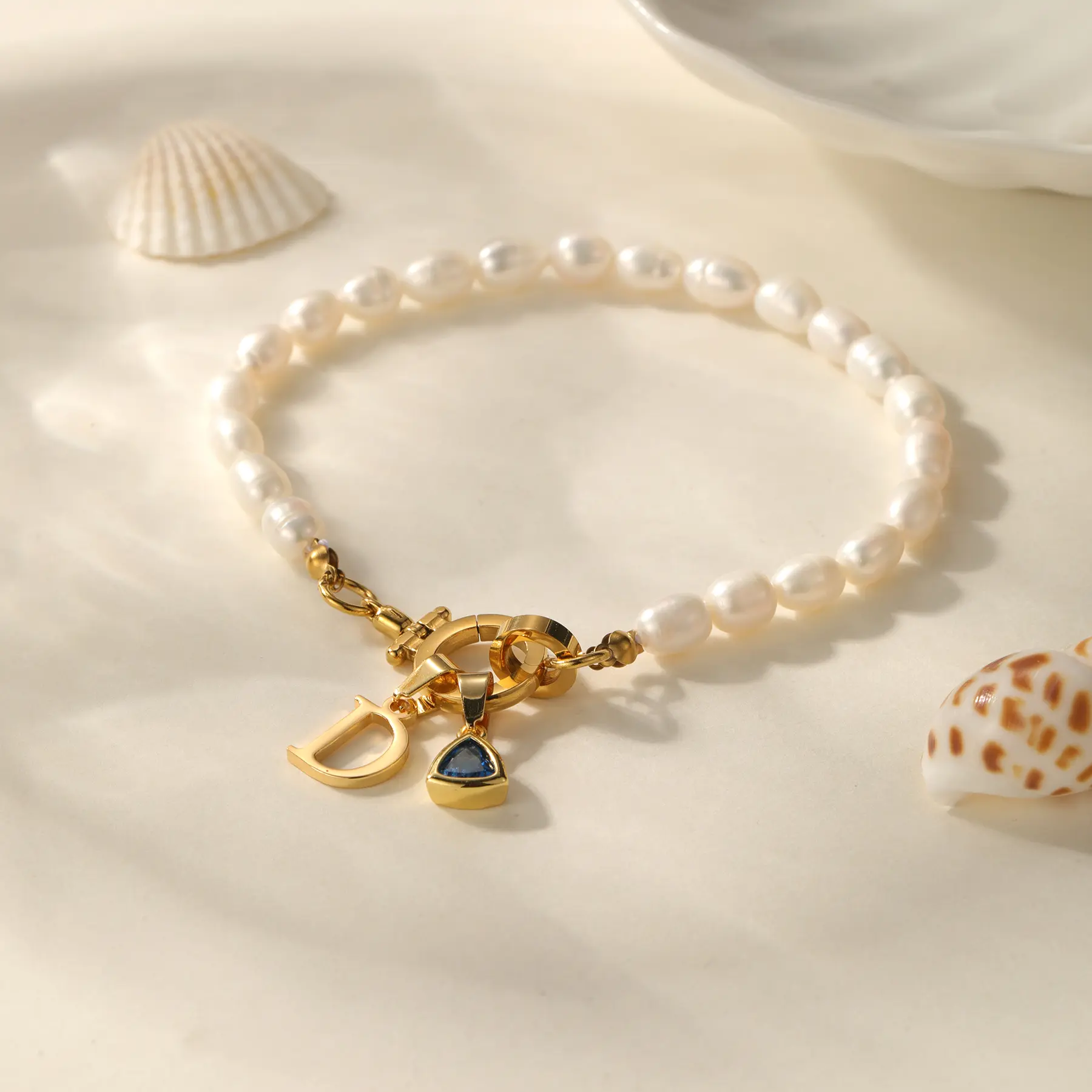 Personalized Pearl Bracelet with Initial & Birthstone Waterproof 18K Gold Plated Jewelry Custom Triangular Birthstone Perfect Birthday & Mother’s Day Gift