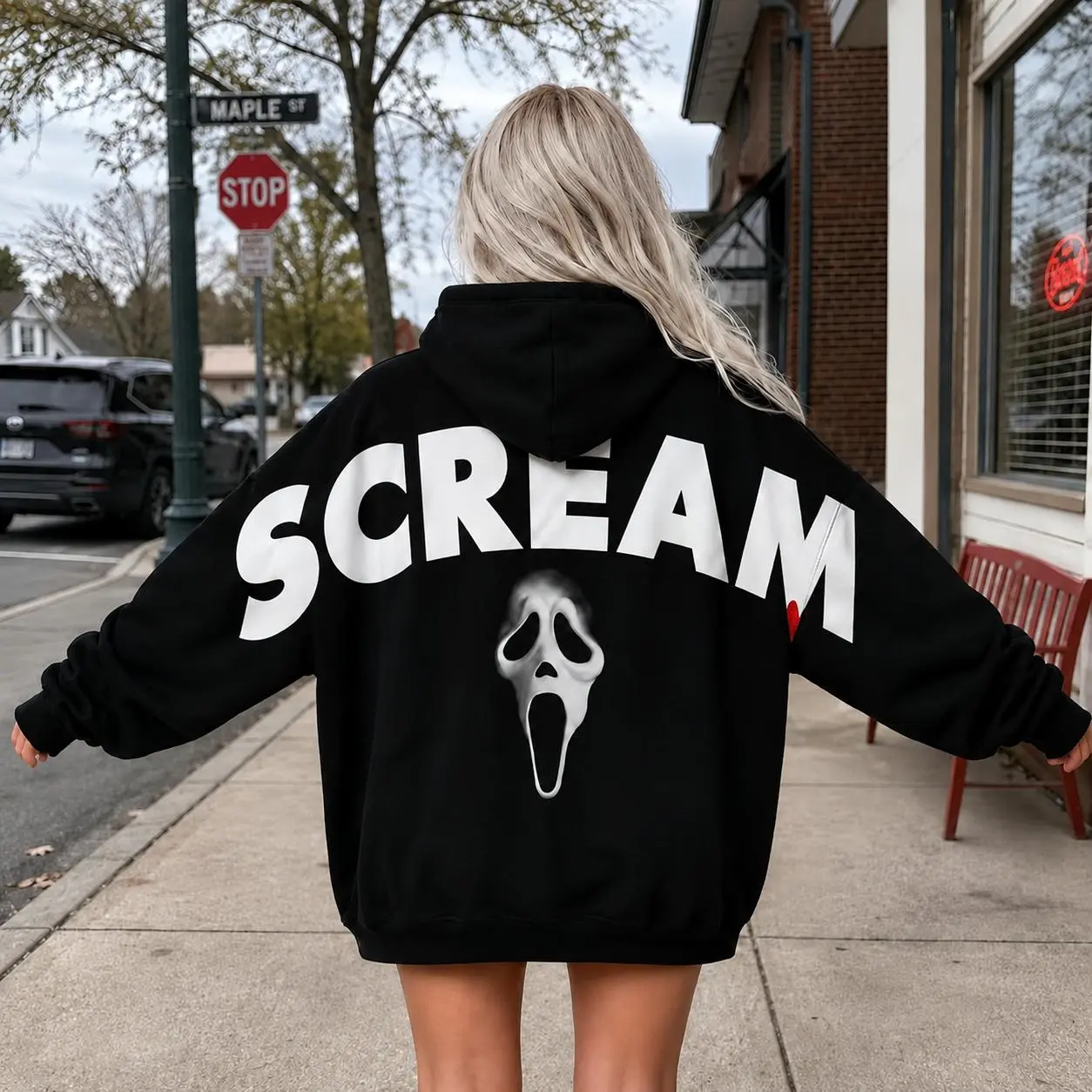 Retro 90's Funny Ghostface Scream Shoulder-to-Shoulder Back Lettering Sweatshirt Hoodie, Halloween Scream Movie Graphic Tee, Spooky Season, Gift for Him and Her, Vibes