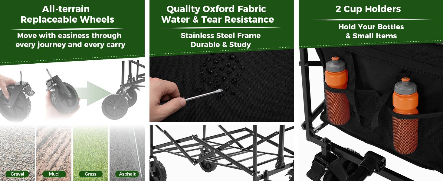 Sweetcrispy Collapsible Folding Wagon - Oxford Cloth Quick-Fold Utility Cart, 102L Large Capacity, 330 lbs Heavy-Duty Trolley with Wheels & Flexible Handle for Outdoor Camping, Grocery Shopping
