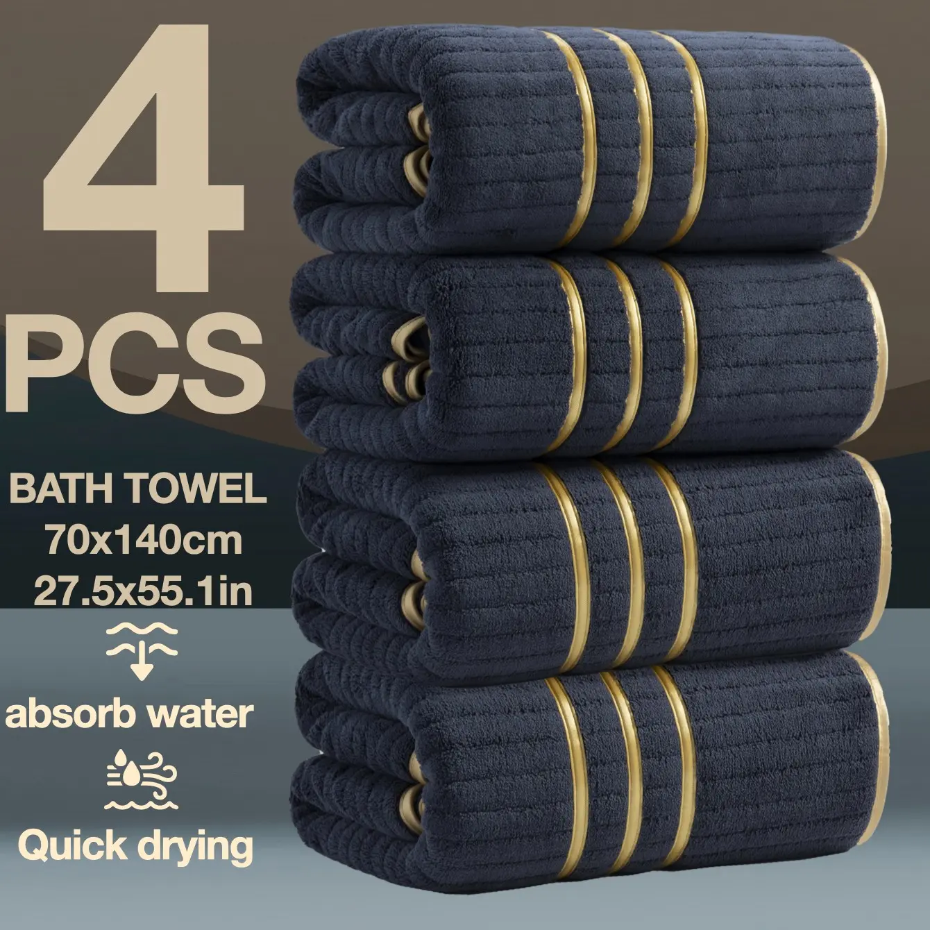 4-Pack Luxury Minimalist Embroidered Bath Towels Set, High-Density Ultra-Fiber, Absorbent Quick Dry, Quick Drying Towels, Hotel Quality, Ideal for Home/school/gym/spa